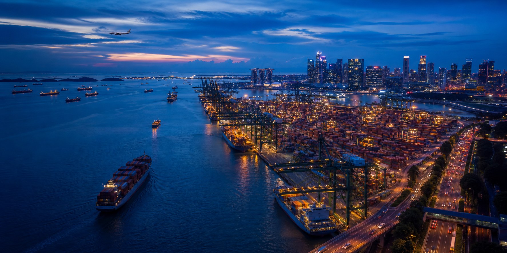Singapore’s global port and air connectivity at blue hour